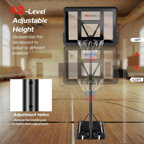 Miniatura 3 de Goplus Aro de baloncesto portátil, altura ajustable de 4.25 a 10 pies, tablero trasero inastillable de 44 pulgadas, borde de canasta de 18 pulgadas