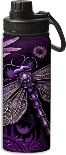 Miniatura 10 de Botella de agua deportiva a prueba de fugas con diseño de conejito junto a flores lilas, 18 onzas, de acero inoxidable duradero de doble pared