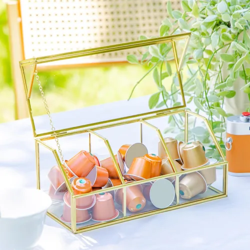 Miniatura 3 de NCYP Organizador de bolsas de té de vidrio con tapa, caja de almacenamiento pequeña de 3 ranuras para bolsitas de té, vitrina de mostrador