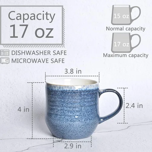 Miniatura 3 de Bosmarlin Juego de 2 tazas de café grandes de cerámica, 17 onzas, taza de té grande azul para oficina y hogar, aptas para lavavajillas y microondas