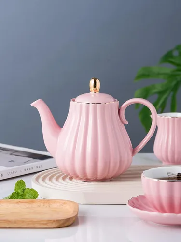 Miniatura 8 de Jusalpha Servicio para 6 tazas de café/taza de té rosa de porcelana fina, tazas y platillo de 8 onzas, con tetera, tazón de azúcar, cucharaditas