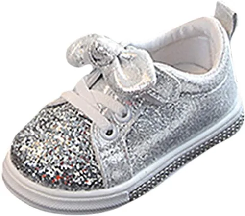 Crystal Sport - Tenis deportivos con lentejuelas para niños y niñas, con lazo, brillantes zapatos para bebés y niñas (plateado-B, 18-24 meses)