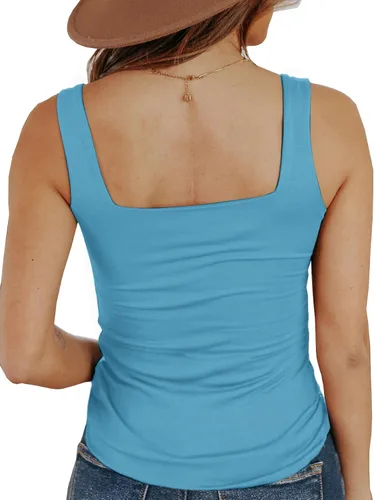 Miniatura 2 de Umenlele Camiseta básica de verano para mujer, cuello cuadrado profundo, sin mangas, lisa