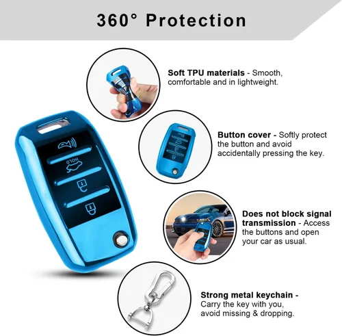 Miniatura 4 de QBUC para funda de llavero de KIA con llavero para 2013 2014 2015 2016 2017 Kia Sorento Sedona Soul Rio etc (Llavero plegable/doblado)(Azul)