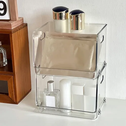 Miniatura 2 de Zerodeko Caja de 2 piezas de estante transparente, organizador de maquillaje transparente, organizador de acrílico para escritorio, vitrina