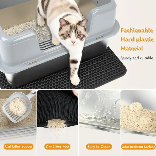Miniatura 3 de Vivifying Caja de arena para gatos de acero inoxidable, caja de arena grande semicerrada con tapa y alfombra, bandeja de metal antifugas para una