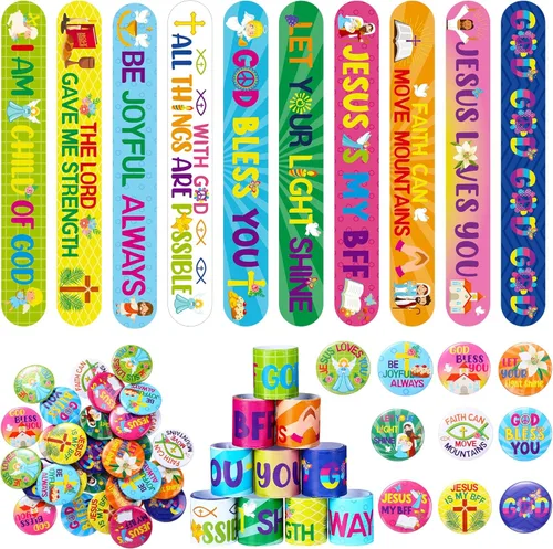 Frienda Paquete de 60 regalos cristianos a granel, pulseras religiosas con pasadores de botón, pulseras con versículo de la Biblia Jesús te ama,