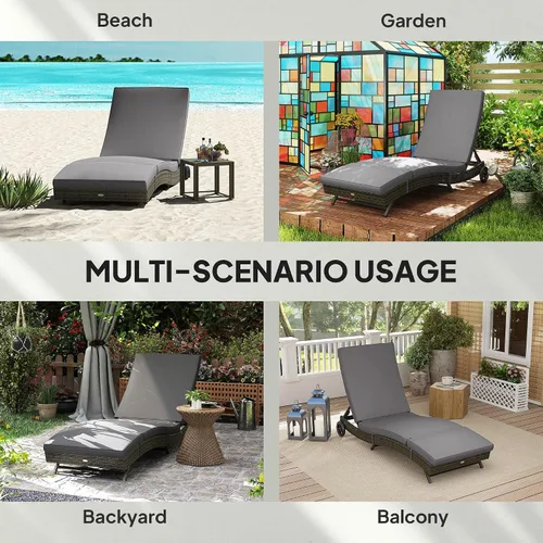 Miniatura 7 de Outsunny Tumbona de mimbre para exteriores de ratán de polietileno acolchado para patio, tumbona con respaldo ajustable de 5 niveles y ruedas