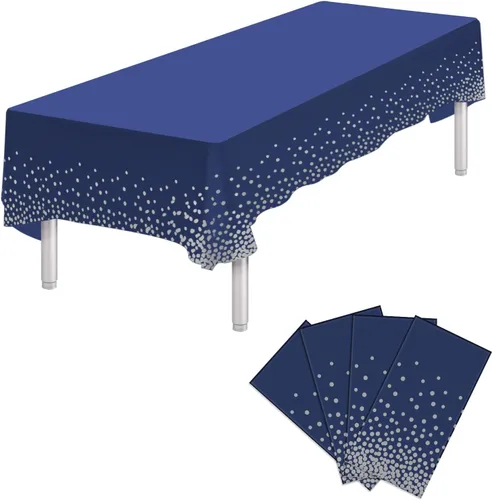Miniatura 37 de Paquete de 4 manteles de plástico desechables azules y dorados para mesa rectangular, manteles desechables de 54 x 108 pulgadas, manteles