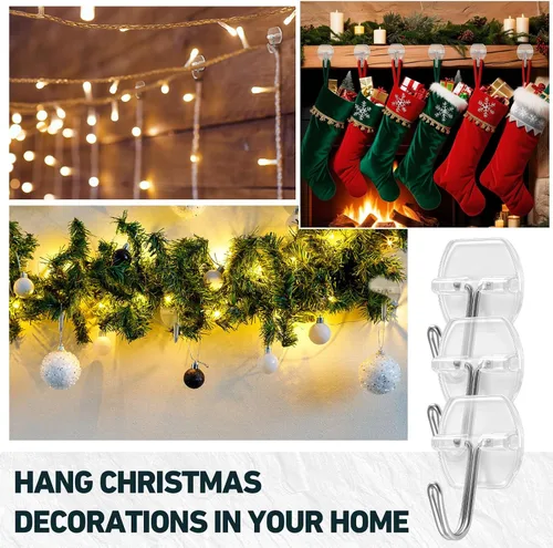 Miniatura 6 de Paquete de 100 ganchos de alambre pequeños para pared, ganchos adhesivos transparentes y resistentes, gancho de pared reutilizable para Navidad