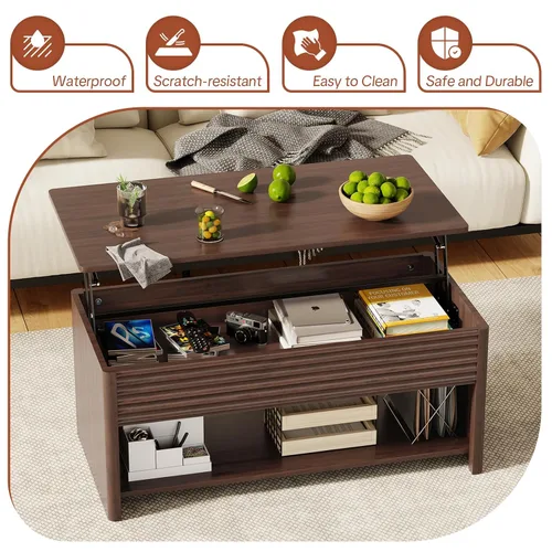 Miniatura 7 de Mesa de centro con parte superior acanalada para sala de estar, mesa de centro pequeña con almacenamiento de elevación hidráulica, gran capacidad