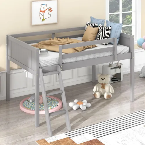 Cama baja de tamaño individual con escalera convertible, se puede colocar a la izquierda o derecha, marco de cama de madera para dormitorio con