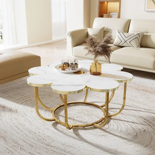 Miniatura 5 de Tribesigns Mesa de centro blanca y dorada, pieza central moderna de 39.37 pulgadas con mesa de mármol sintético en forma de flor y marco de metal