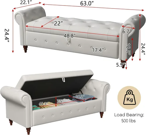 Miniatura 2 de NIOIIKIT Banco Otomano de Almacenamiento de 160 cm, Banco de Entrada con Botones Acolchados, Banco Largo de Brazos Enrollados para Dormitorio, Sala