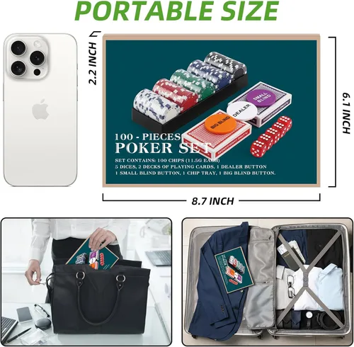 Miniatura 5 de Homwom Juego de póquer para viajar, 100 piezas, 5 colores, fichas de póquer profesionales en caja de regalo de cartón, fichas de póquer de casino