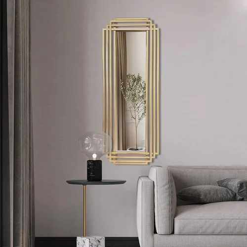Miniatura 8 de Espejo de marco de metal geométrico, espejo de pared Art Deco moderno de 42 x 16 pulgadas, espejos decorativos rectangulares dorados para baño