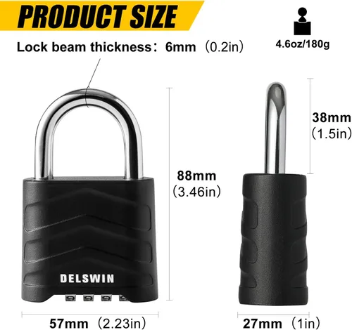 Miniatura 3 de DELSWIN Paquete de 3 candados de combinación grande, 4 dígitos reiniciables con grillete de acero endurecido, cuerpo de aluminio de seguridad