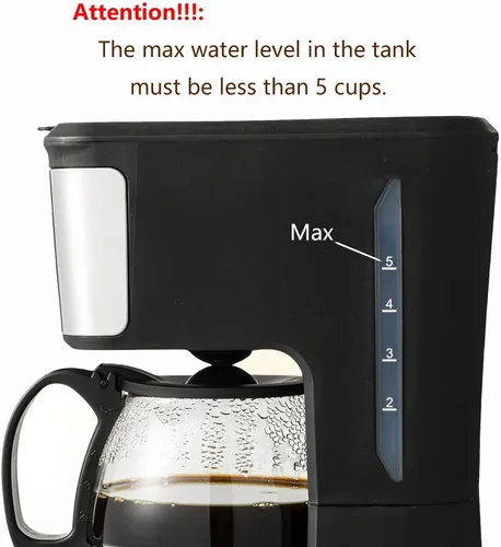 Miniatura 9 de Cafetera programable para 5 tazas, filtro reutilizable, indicador de nivel de agua transparente, apagado automático, cafetera negra y de acero