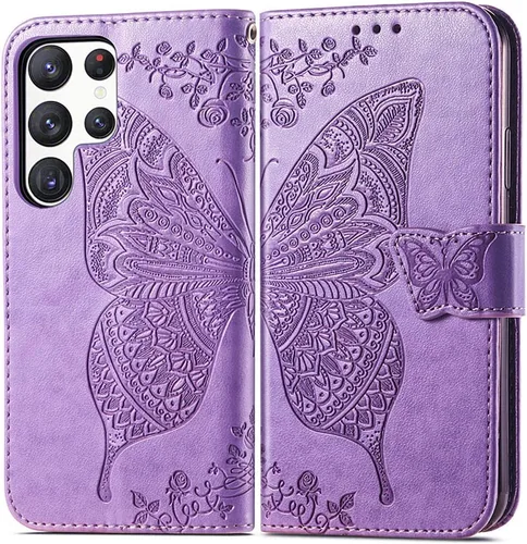 Funda tipo cartera para Samsung Galaxy S23 Ultra 5G, piel sintética de alta calidad con diseño de mariposa en relieve, función atril, ranuras para