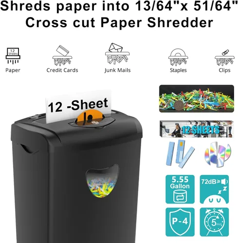 Miniatura 2 de Woolsche - Trituradora de papel de corte cruzado de 12 hojas con papelera grande de 5.55 galones - Seguridad P-4, trituración en 3 modos