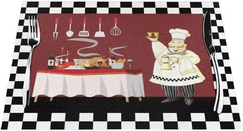 Miniatura 25 de Juego de 4 manteles individuales con estampado de cocina de chef, restaurante, cocina, acuarela, manteles individuales de tela lavable para mesa
