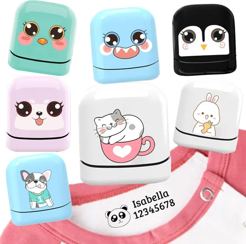 Cstmname Sello con nombre para ropa de niños, 4 estilos y 36 patrones de dibujos animados, material de silicona, rosa, azul, blanco, amarillo, forma