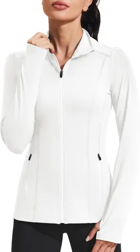 PINSPARK Chaquetas atléticas para mujer, chaqueta de entrenamiento ajustada con cremallera completa, para correr, gimnasio, yoga, deportes, tops con
