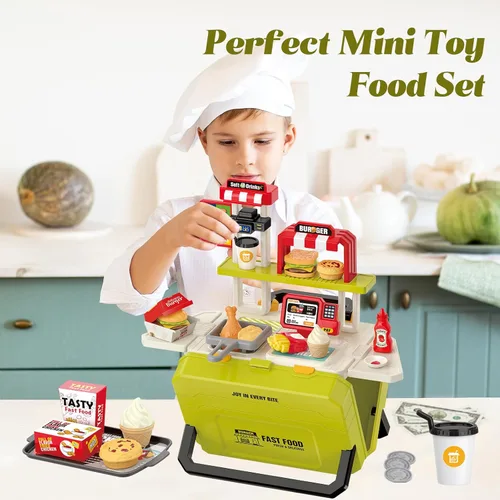 Miniatura 7 de Juguetes divertidos para niños, juego portátil de comida rápida para niños de 3 a 8 años, juguete realista de cocina al aire libre con 55 piezas