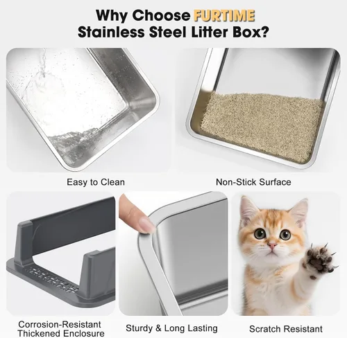 Miniatura 6 de FURTIME Caja de arena para gatos de acero inoxidable, caja de arena de metal de alta cara fácil de limpiar, bandeja de arena abierta para gatos