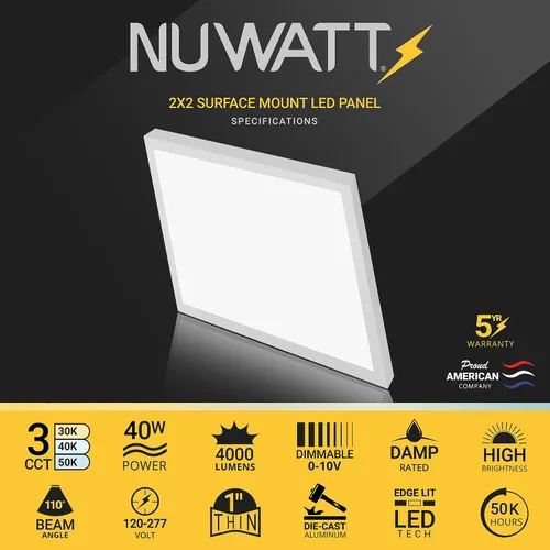 Miniatura 2 de NUWATT Luz LED de panel plano de montaje en superficie cuadrada de 2 x 2 pies, 120-277 V, 3CCT 3000 K/4000 K/5000 K seleccionable, 4000 lm, 40 W