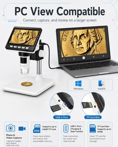 Miniatura 4 de Microscopio de monedas de 4.3 pulgadas, microscopio digital AOPICK LCD 1000X, lupa de monedas USB 1080P para monedas de error con 8 luces LED Blanco