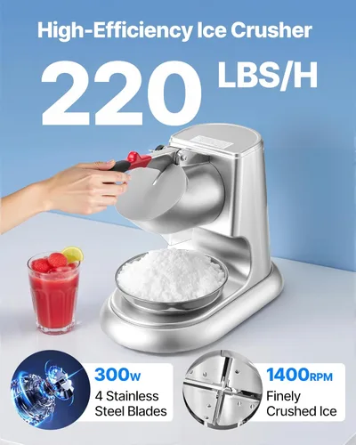 Miniatura 2 de VEVOR Máquina trituradora de hielo, 220 libras por hora, máquina eléctrica de cono de nieve de 4 cuchillas, máquina de hielo afeitado de acero