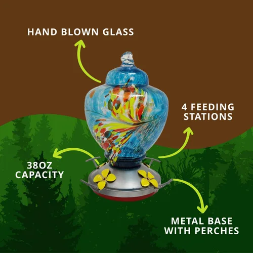 Miniatura 4 de Comedero de colibrí – Cristal soplado HQ – Nectar de alta capacidad – Colores vibrantes que atraen colibríes – Kit de montaje gratuito, Explosión