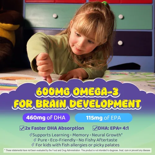 Miniatura 4 de Omega-3 para niños mayores de 4 años, gomitas Focus DHA Plus EPA de algas, vitamina D3 K2, colina y PS para hueso, salud cognitiva e inmunológica