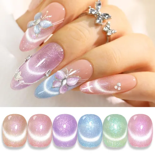 Miniatura 14 de Double Rhythm Juego de esmaltes de gel de ojo de gato, 6 colores, purpurina brillante con imán, holográfico, reflectante, magnético, UV, kit de arte