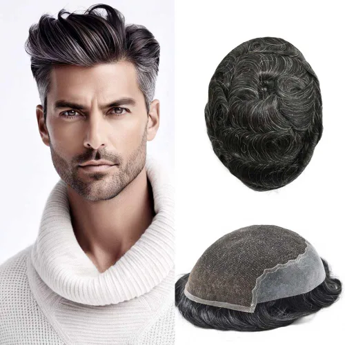 Miniatura 88 de Mens Toupee Human Hair Replacement System Swiss Lace Toupee For Men Hair Piece Protesis Capilar Mens Hairpiece 5X7#1 Jet Black 120% Density