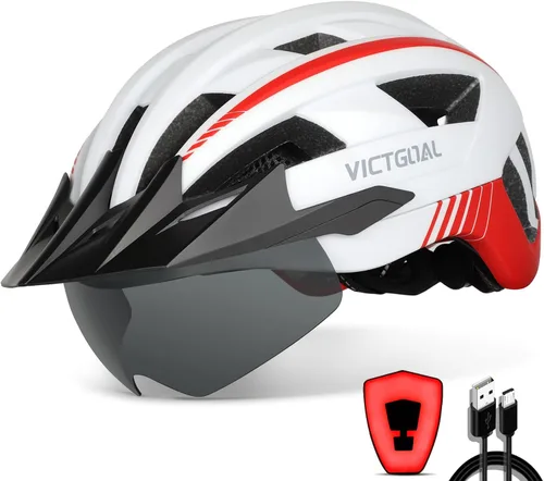 Miniatura 9 de VICTGOAL Casco de bicicleta con luz trasera recargable por USB, gafas magnéticas desmontables, visera solar extraíble, cascos de bicicleta