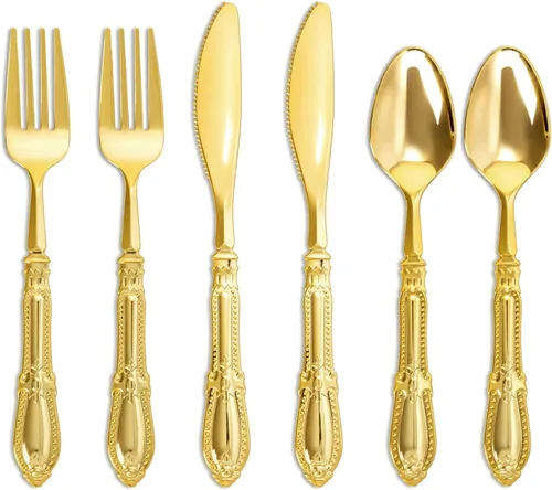 Miniatura 10 de Nervure Juego de cubiertos de plástico dorado de 90 piezas, juego de cubiertos desechables resistentes, utensilios de plástico dorado de lujo que