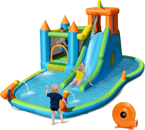 HONEY JOY Tobogán acuático inflable, casa de rebote de agua gigante 8 en 1, parque de toboganes acuáticos con piscina de salpicaduras, gateo,