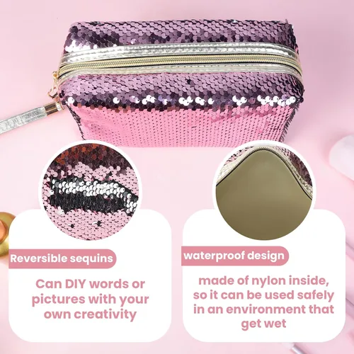 Miniatura 3 de Magic Sequin Travel Cosmetic Bags Reversible Glitter Maquillaje Organizador Bolsa Bolsa para Mujer (Rosa)
