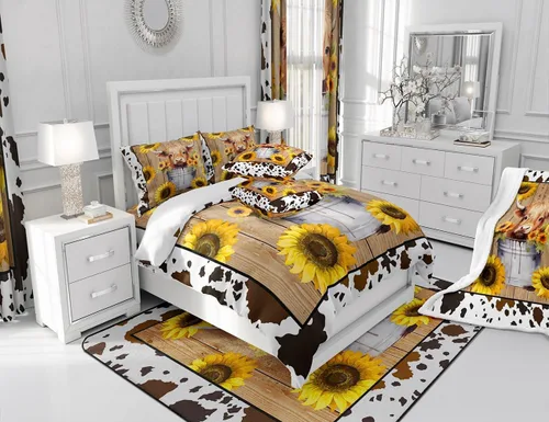Miniatura 6 de Manfei Juego de edredón de ganado Highland tamaño Queen, edredón de plumón de girasol amarillo con 2 fundas de almohada, juego de ropa de cama