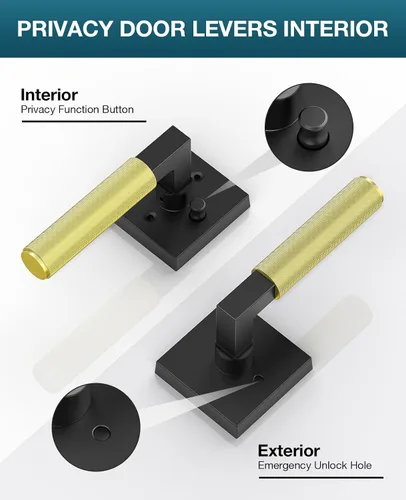 Miniatura 3 de Manija de puerta negra y dorada, cerraduras de puerta negras y doradas para dormitorio o baño, manijas de puerta resistentes para interiores