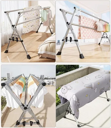 Miniatura 2 de Estante de secado de ropa de 63 pulgadas, plegable, de acero inoxidable con ruedas, estante de secado de lavandería que ahorra espacio para balcón