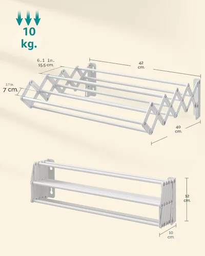 Miniatura 4 de SONGMICS Estante de secado de ropa, estante de secado de ropa montado en la pared, pequeño estante de lavandería acordeón, 9 varillas colgantes