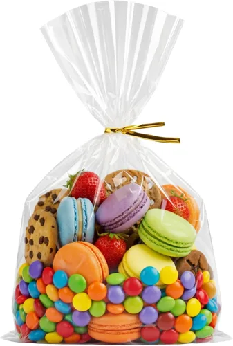 Miniatura 13 de Wowfit 100 bolsas de celofán plano transparente de 2 x 10 pulgadas con lazos dorados de 4 pulgadas, embalaje de celofán para barras de pretzel