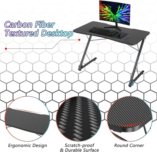 Miniatura 8 de Tangkula Escritorio para computadora de juegos, mesa de computadora en forma de Z con luces LED y gran superficie de fibra de carbono, estación
