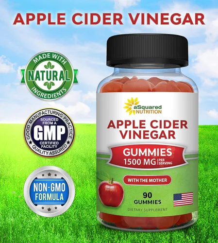Miniatura 5 de aSquared Nutrition Gomitas de vinagre de sidra de manzana - 1500mg con la madre - 90 gomitas ACV con vitamina B6 y B12, ácido fólico - Suplemento