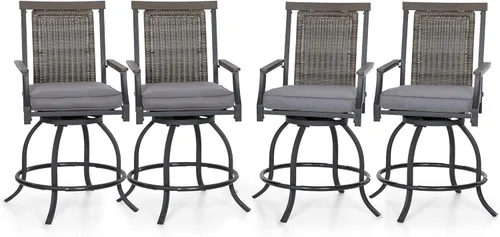 Miniatura 12 de PHI VILLA Juego de 2 sillas de bar para patio, taburete de bar con altura de mostrador con tela de textileno de secado rápido, reposabrazos y Blanco