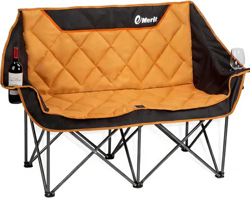 EMERIT Silla de camping doble de gran tamaño, plegable, sofá de dos plazas para 2 personas, sillas de césped resistentes para exteriores con Naranja