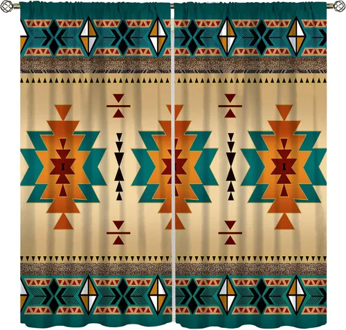 Miniatura 30 de YCness Cortinas aztecas, patrón étnico nativo nativo americano del suroeste, patrón étnico bohemio occidental geométrico para sala de estar